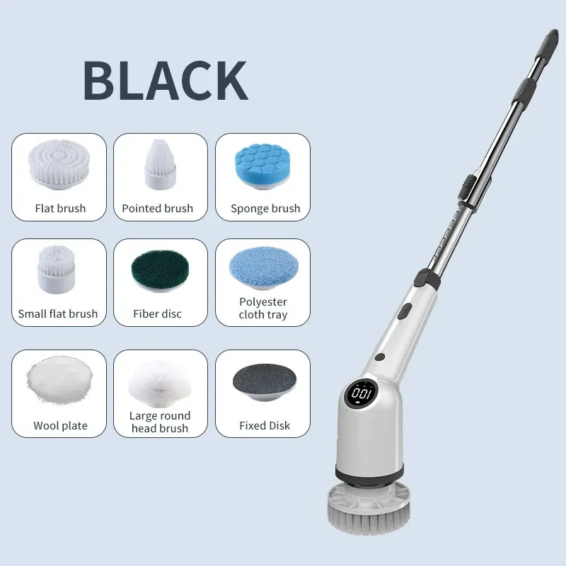 Multi-Function Handheld Electric Cleaning Brush – Wireless LCD Display Scrubber with Multiple Brush Heads & Type-C Charging