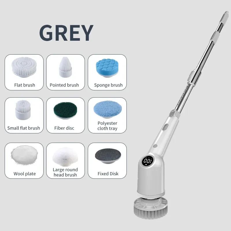 Multi-Function Handheld Electric Cleaning Brush – Wireless LCD Display Scrubber with Multiple Brush Heads & Type-C Charging