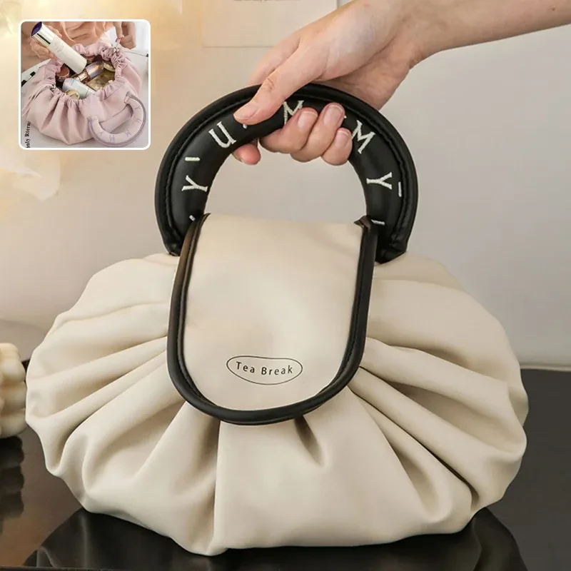Portable Drawstring Cosmetic Bag – Large Capacity Waterproof PU Makeup Handbag