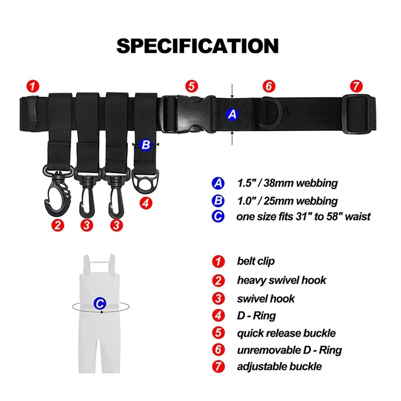 Adjustable Fishing Wader Belt β Outdoor Gear Strap with Plastic Buckle, D-Ring & Hook Attachment