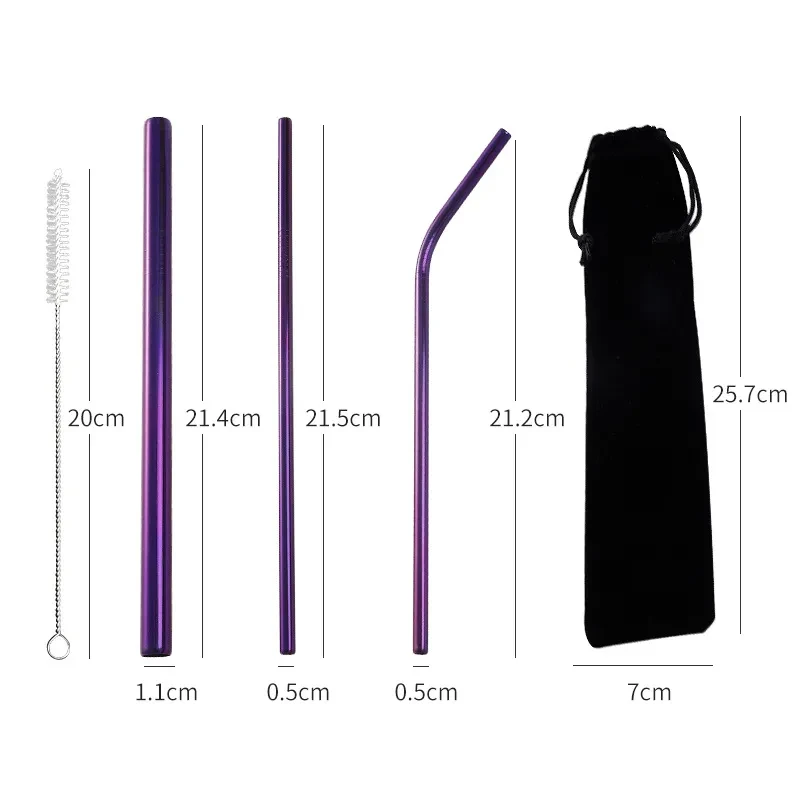 304 Stainless Steel Reusable Straw Set – Colorful Metal Straws with Velvet Bag & Brush