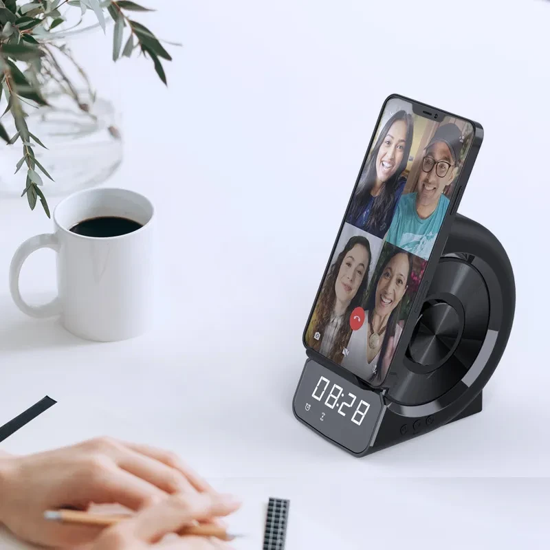 Mobile Phone Holder Wireless Charging Bluetooth Clock Speaker β 4-in-1 Smart Desktop Companion