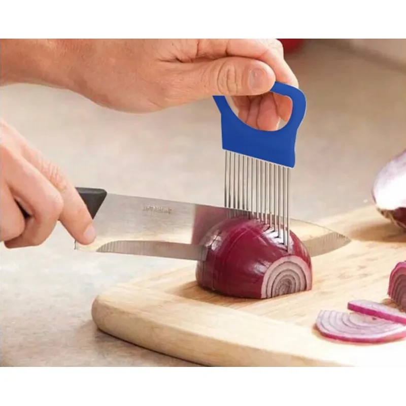 Stainless Steel Onion Holder – Vegetable & Fruit Slicing Guide Tool with Grip Handle