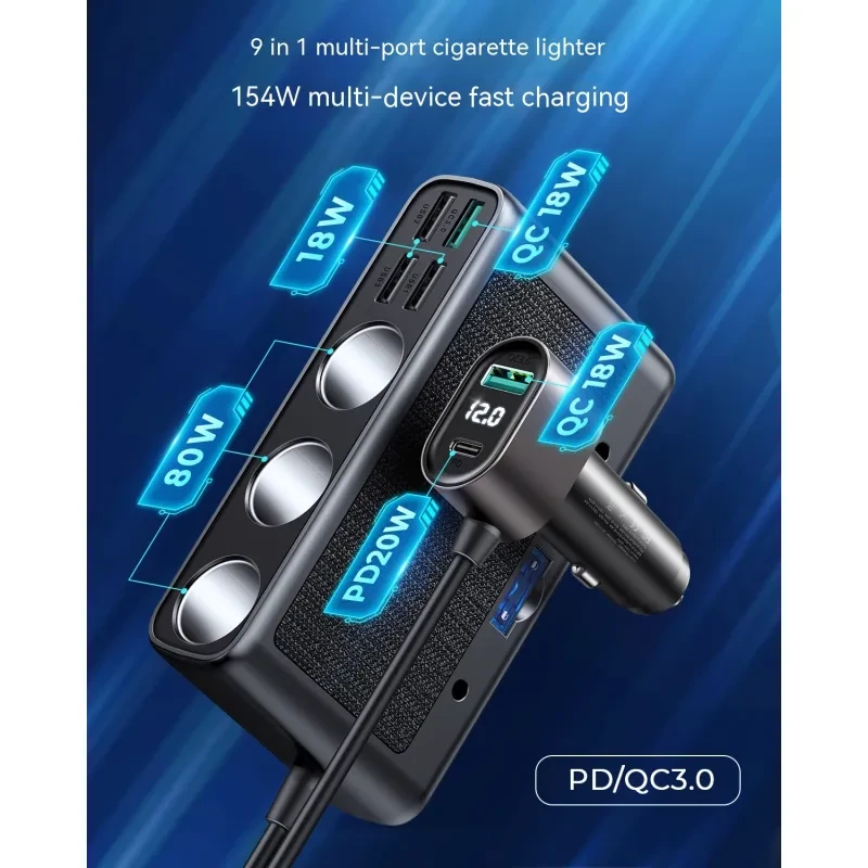 Multi-Port Car Charger with Cigarette Lighter Splitter – 154W QC3.0 + PD Fast Charging Adapter