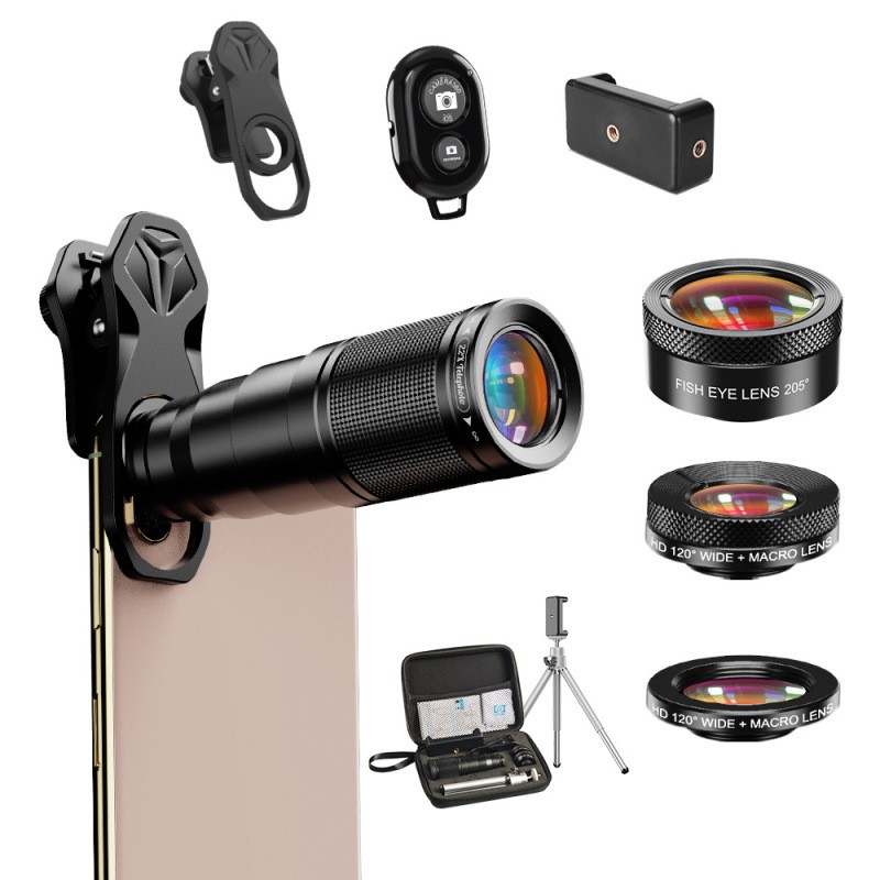 4-in-1 Mobile Phone Camera Lens Set – 22X Telephoto, Fisheye, Wide-Angle & Macro with Tripod & Clip Mount