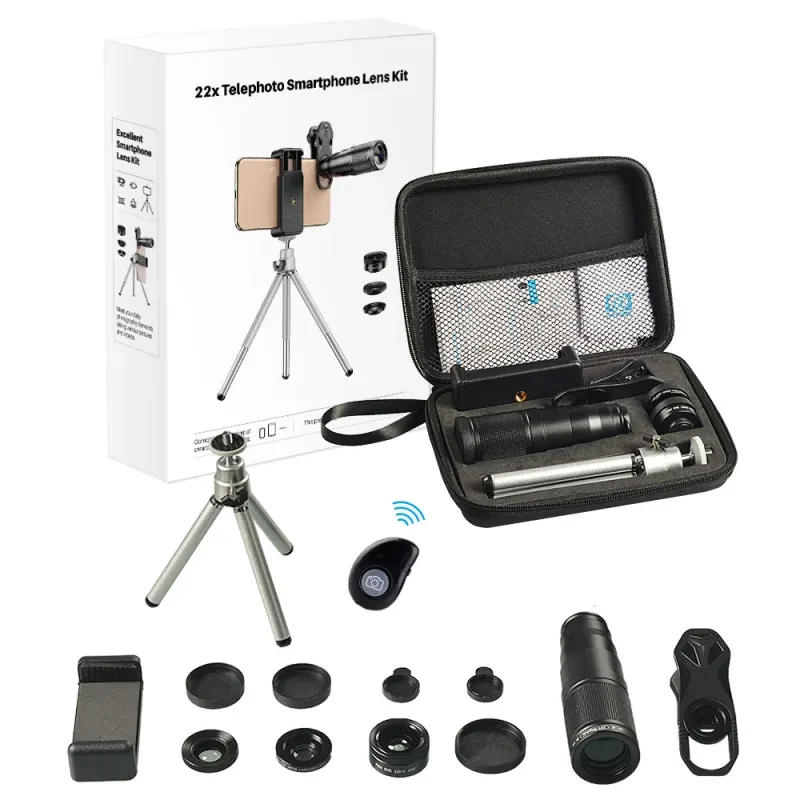 4-in-1 Mobile Phone Camera Lens Set – 22X Telephoto, Fisheye, Wide-Angle & Macro with Tripod & Clip Mount