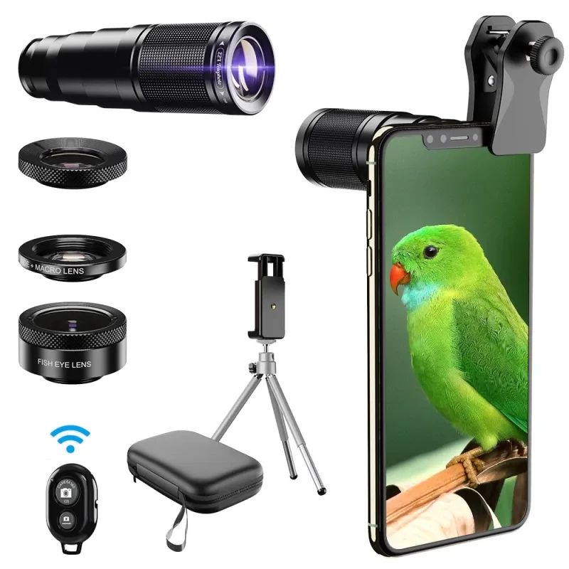 4-in-1 Mobile Phone Camera Lens Set – 22X Telephoto, Fisheye, Wide-Angle & Macro with Tripod & Clip Mount