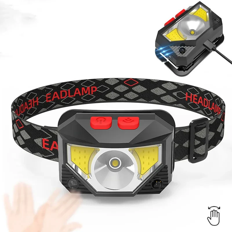 LED Induction Red Light Fishing Headlamp – USB Rechargeable COB Mini Headlight with Built-in Battery