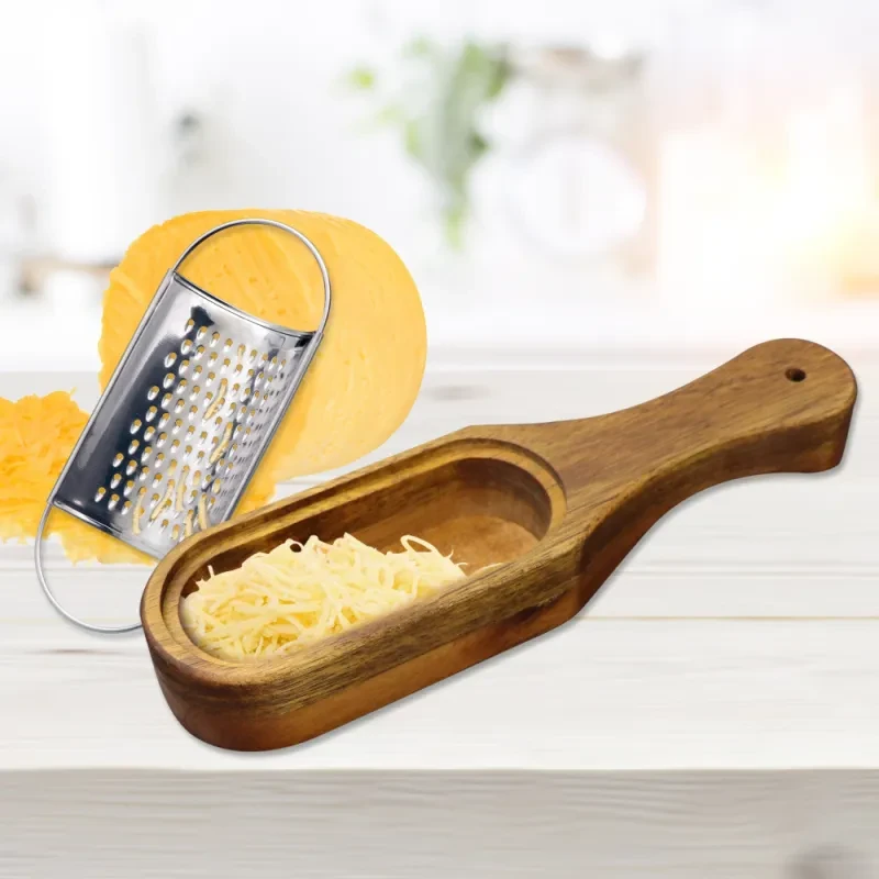 Stainless Steel Cheese Grater with Wooden Handle – Retro Acacia Kitchen Tool for Hard & Soft Cheese