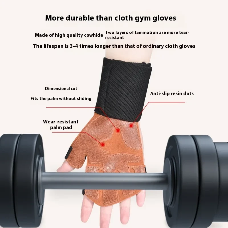 Cowhide Fitness Wrist Gloves – Anti-Slip Leather Weightlifting Gloves with Wrist Support