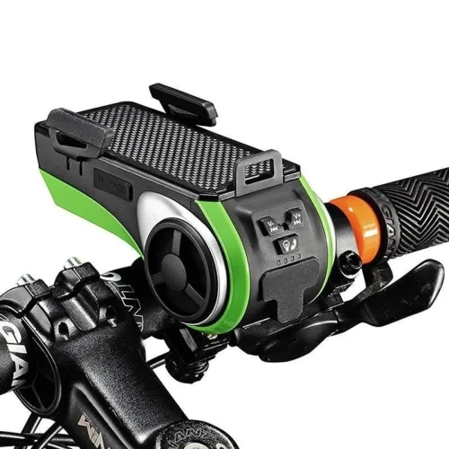 5-in-1 Bicycle Light with Bluetooth Speaker – LED Headlight, MP3 Player, Phone Holder, Power Bank & Bell for All Bikes