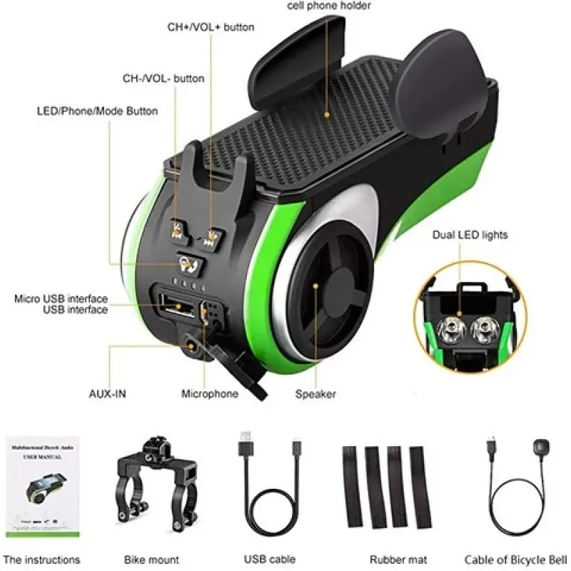 5-in-1 Bicycle Light with Bluetooth Speaker – LED Headlight, MP3 Player, Phone Holder, Power Bank & Bell for All Bikes