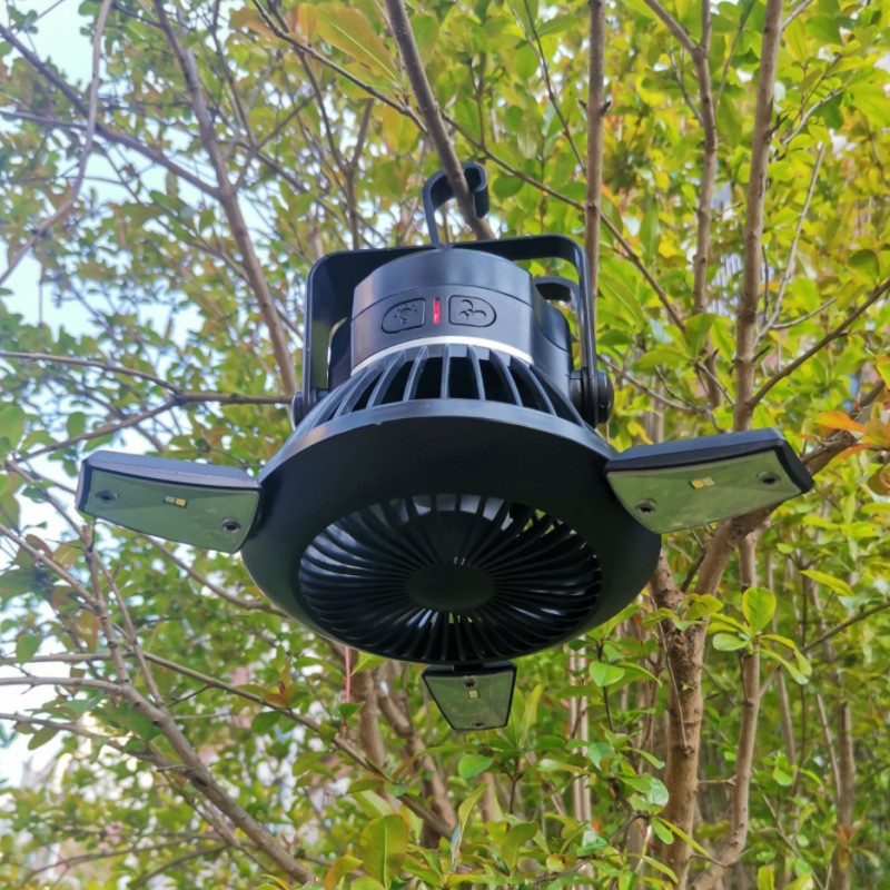 Solar Camping Fan with LED Light – USB Rechargeable, Foldable & Portable