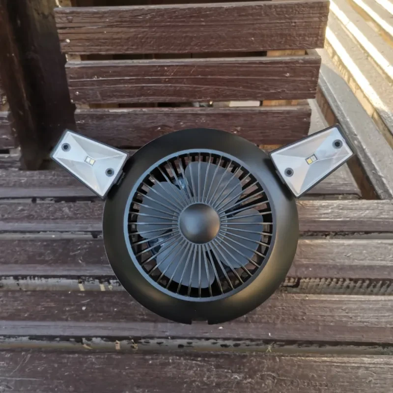 Solar Camping Fan with LED Light – USB Rechargeable, Foldable & Portable