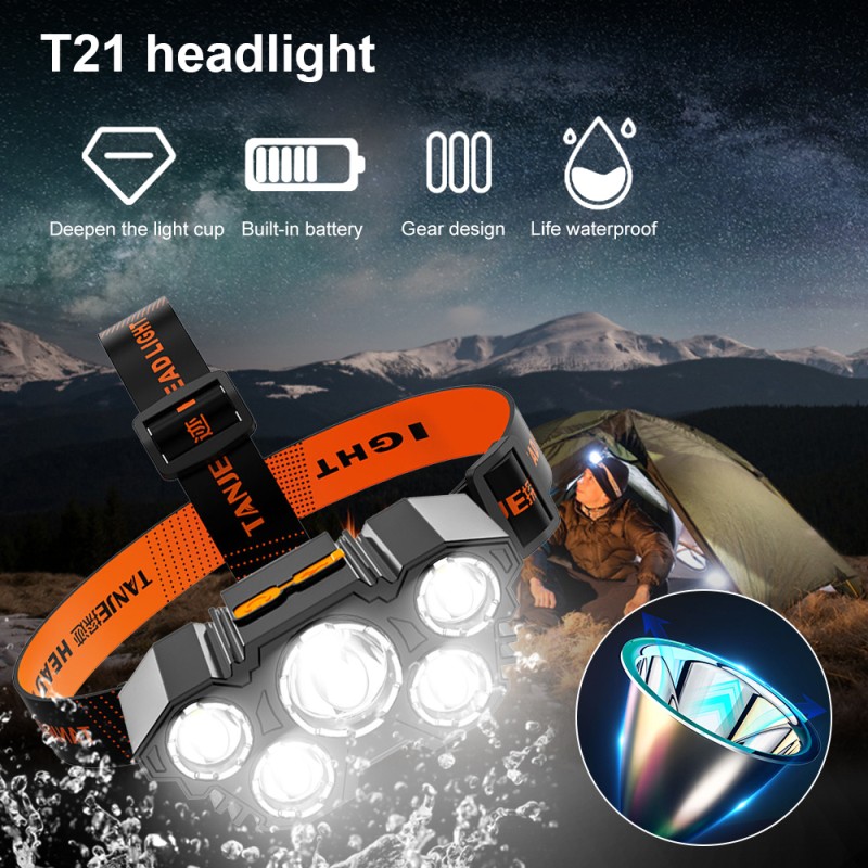 Rechargeable 5-LED Headlamp – Super Bright USB Fishing Light