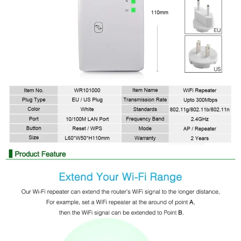EASYIDEA WiFi Repeater 1KM Range – 300Mbps Signal Booster Extender