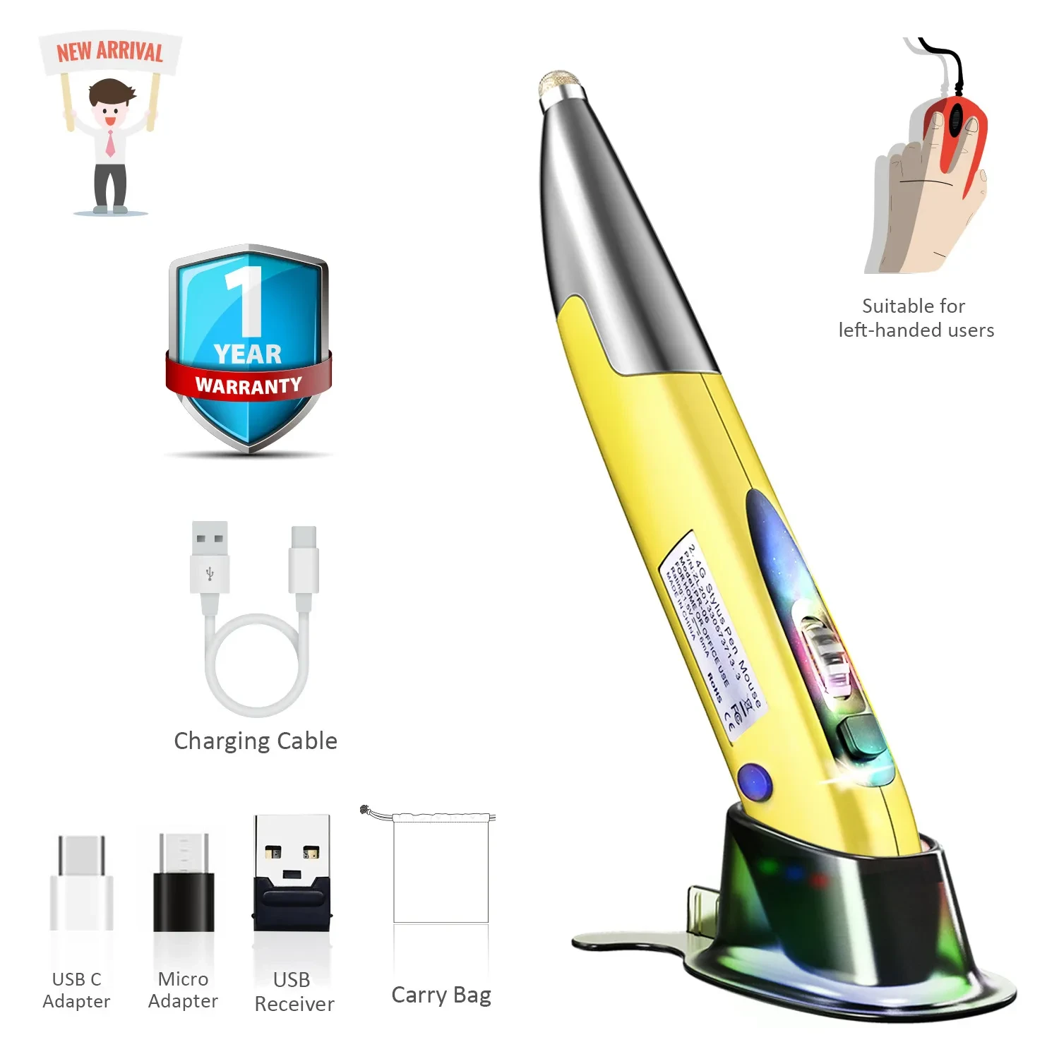 Wireless Vertical Pen Mouse – Ergonomic 2.4GHz USB Optical Mouse