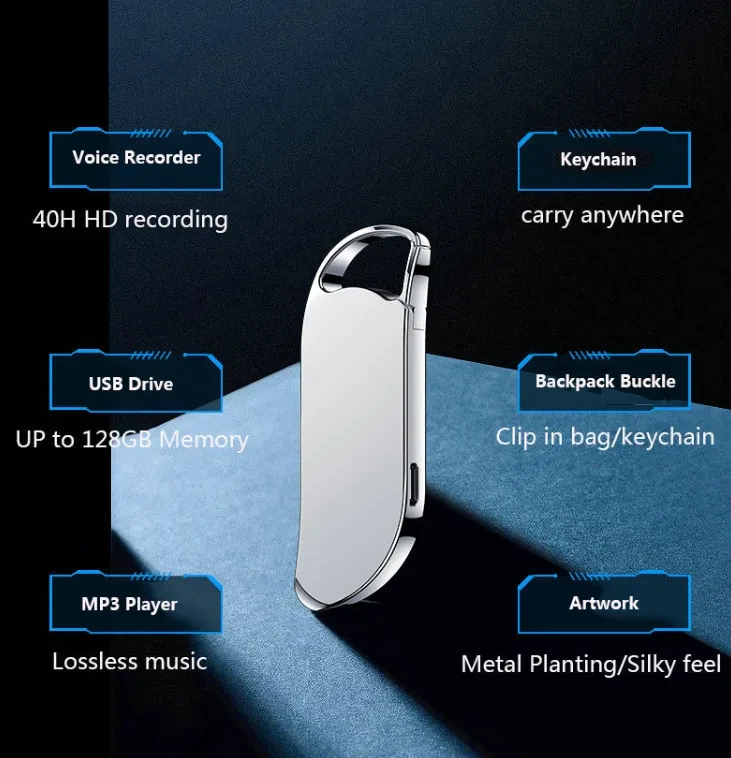 Keychain Digital Voice Recorder – Voice Activated, 32GB, MP3 USB