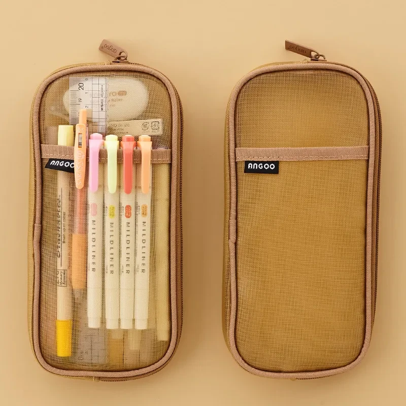 Transparent Mesh Pencil Case – Solid Color Exam Stationery Bag