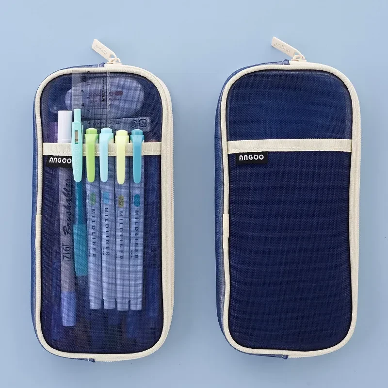 Transparent Mesh Pencil Case – Solid Color Exam Stationery Bag