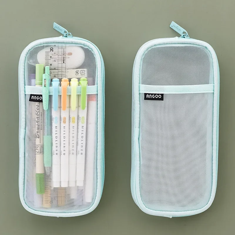 Transparent Mesh Pencil Case – Solid Color Exam Stationery Bag