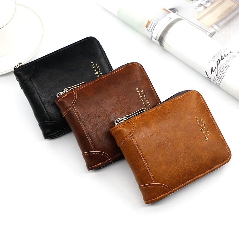 Men’s PU Leather Short Wallet – Casual Zipper Coin Purse
