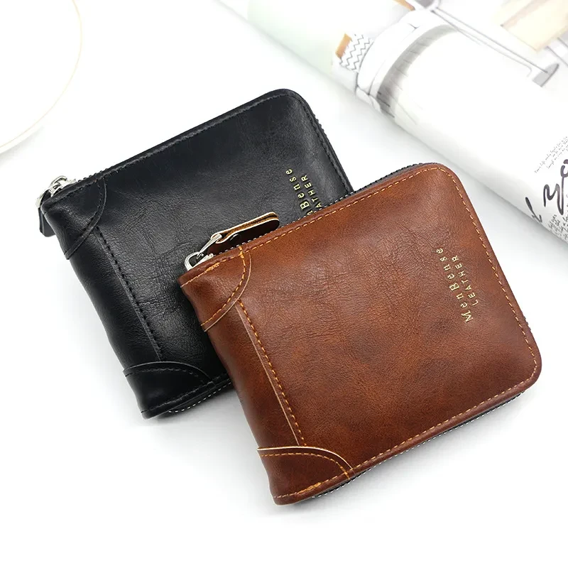 Men’s PU Leather Short Wallet – Casual Zipper Coin Purse