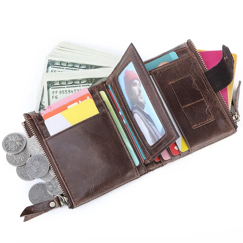 Genuine Leather Anti-Theft Wallet – Zipper Coin Purse for Men