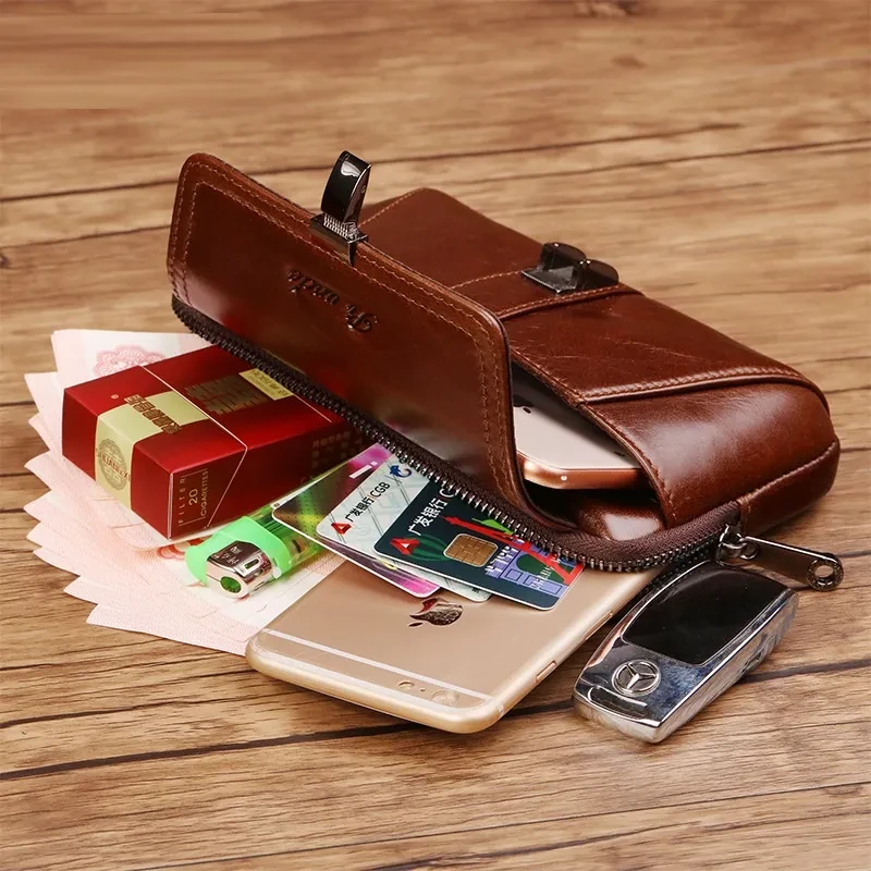 Men’s Cowhide Waist Belt Bag – Retro Mobile Phone Pouch