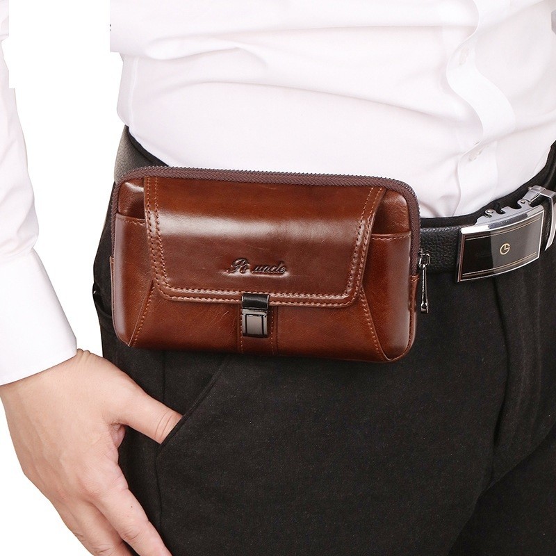 Men’s Cowhide Waist Belt Bag – Retro Mobile Phone Pouch