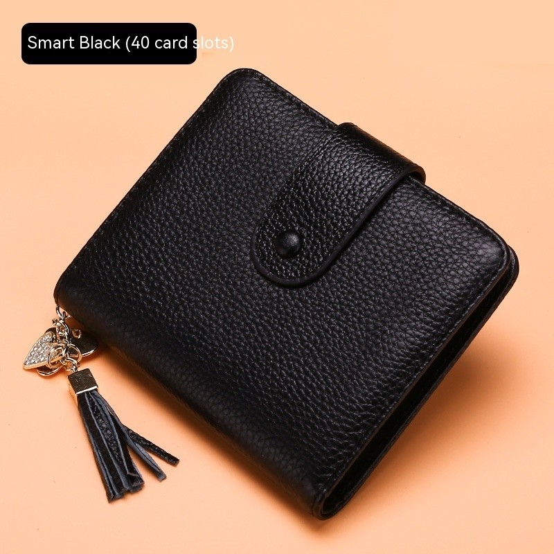 Korean Style Cowhide Card Holder – 40-Slot Tassel Snap Wallet