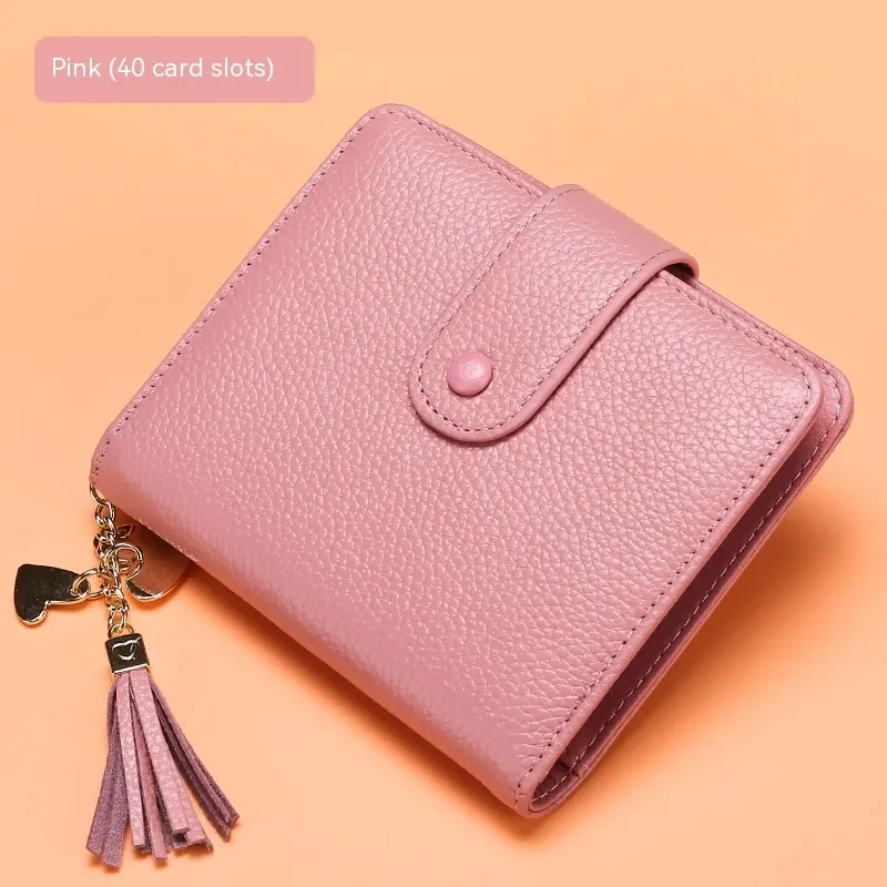 Korean Style Cowhide Card Holder – 40-Slot Tassel Snap Wallet