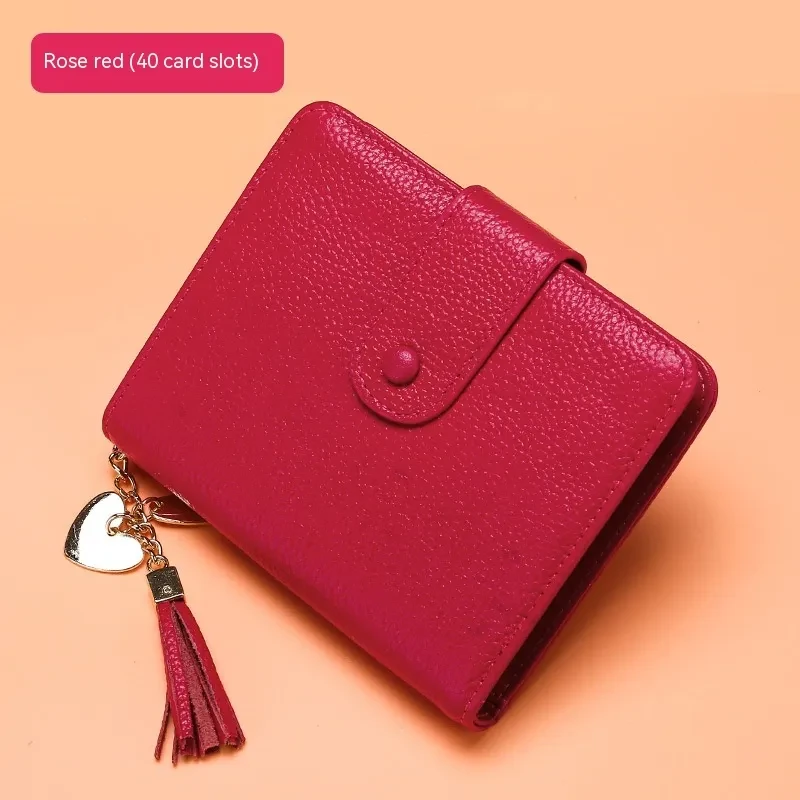 Korean Style Cowhide Card Holder – 40-Slot Tassel Snap Wallet