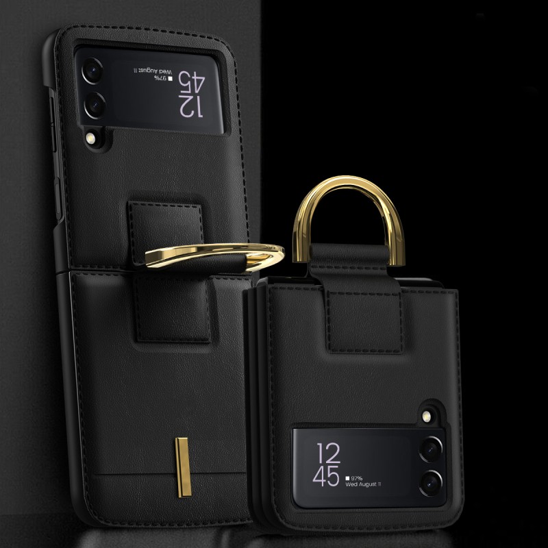 Z Flip 3 Leather Case – Anti-Drop Ring Strap Flip Cover