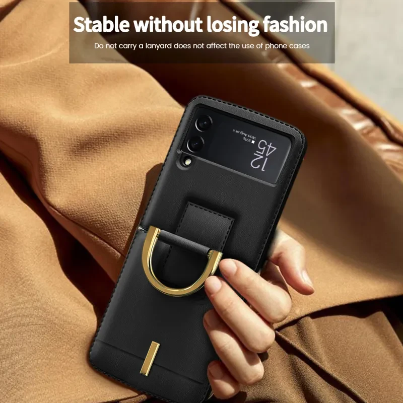 Z Flip 3 Leather Case – Anti-Drop Ring Strap Flip Cover
