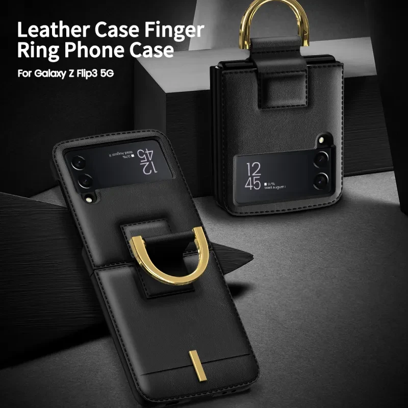 Z Flip 3 Leather Case – Anti-Drop Ring Strap Flip Cover