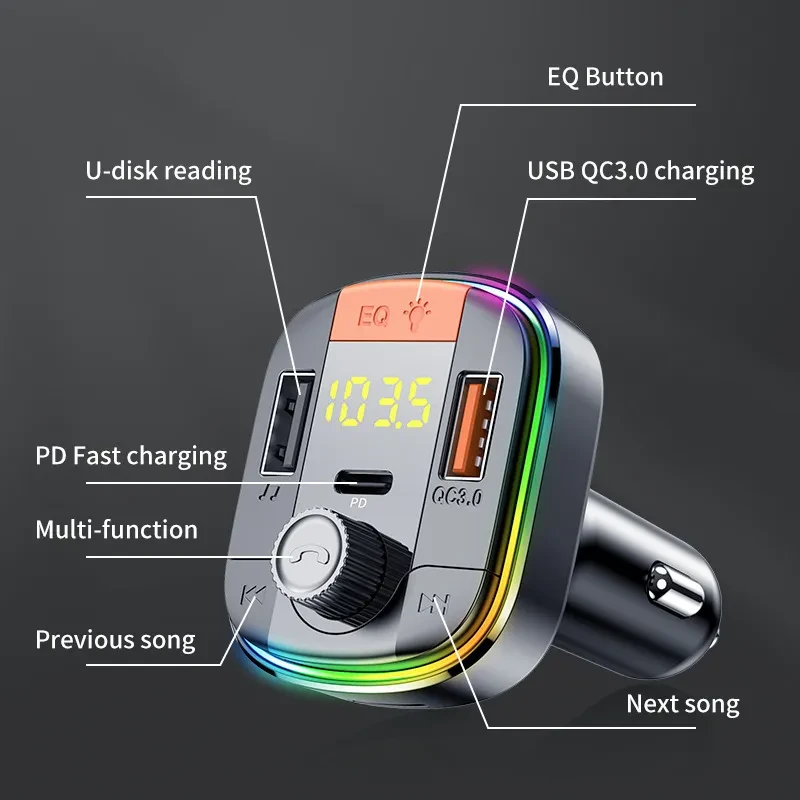 832 Car MP3 Player β Bluetooth, QC3.0 Charger, LED Light Display