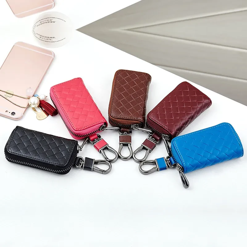 Woven Leather Car Key Case – Stylish Key Holder Organizer