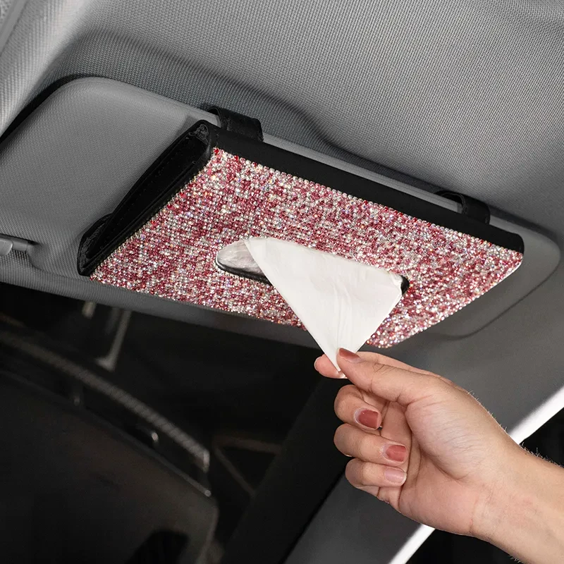 Bling Crystal PU Leather Car Tissue Box – Sun Visor Hanging Style