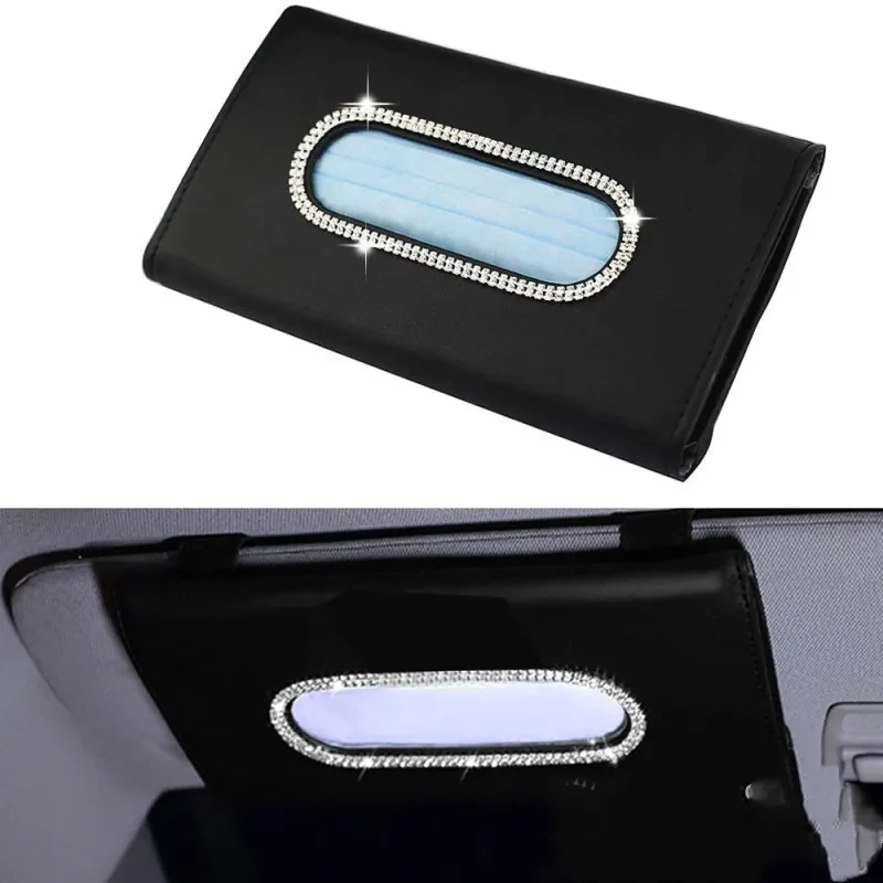 Bling Crystal PU Leather Car Tissue Box – Sun Visor Hanging Style