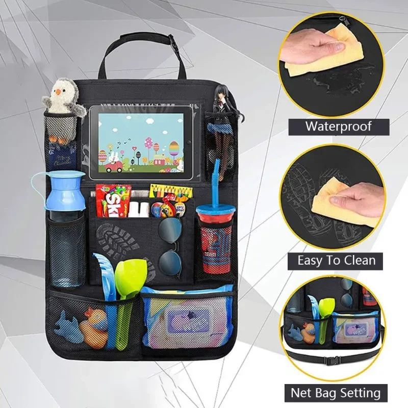 Multi-Pocket Car Back Seat Cover with Tablet Holder & Kick Guard