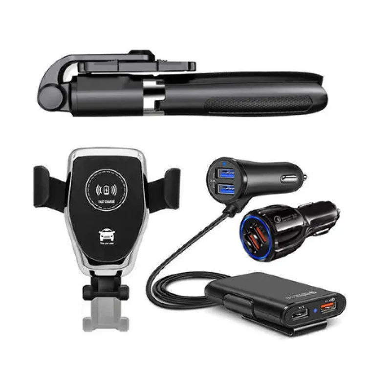 4-in-1 Car Charger Accessory Kit – Fast USB, Phone Mount & Selfie Stick