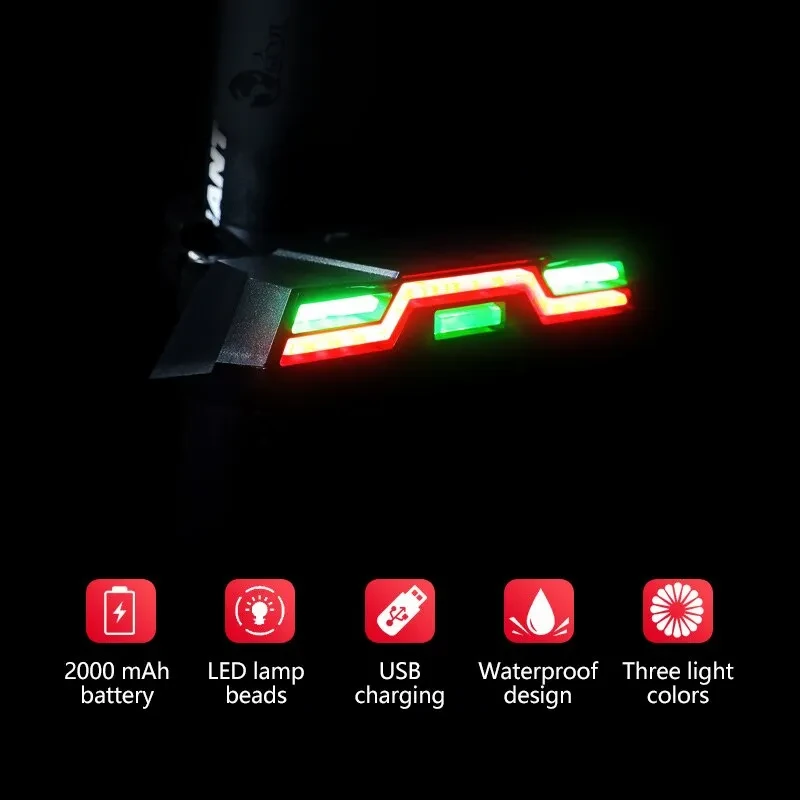 USB Rechargeable Bicycle Tail Light – Waterproof, 3 Colors, 2000mAh