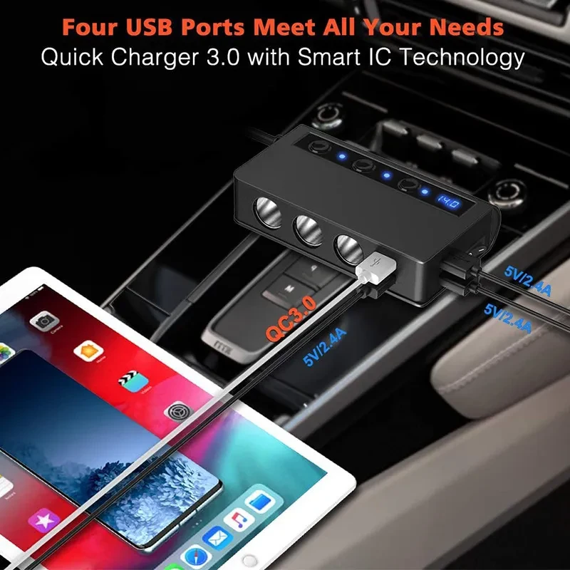 High Power 3-in-1 Car Cigarette Lighter Splitter with QC3.0 Charger