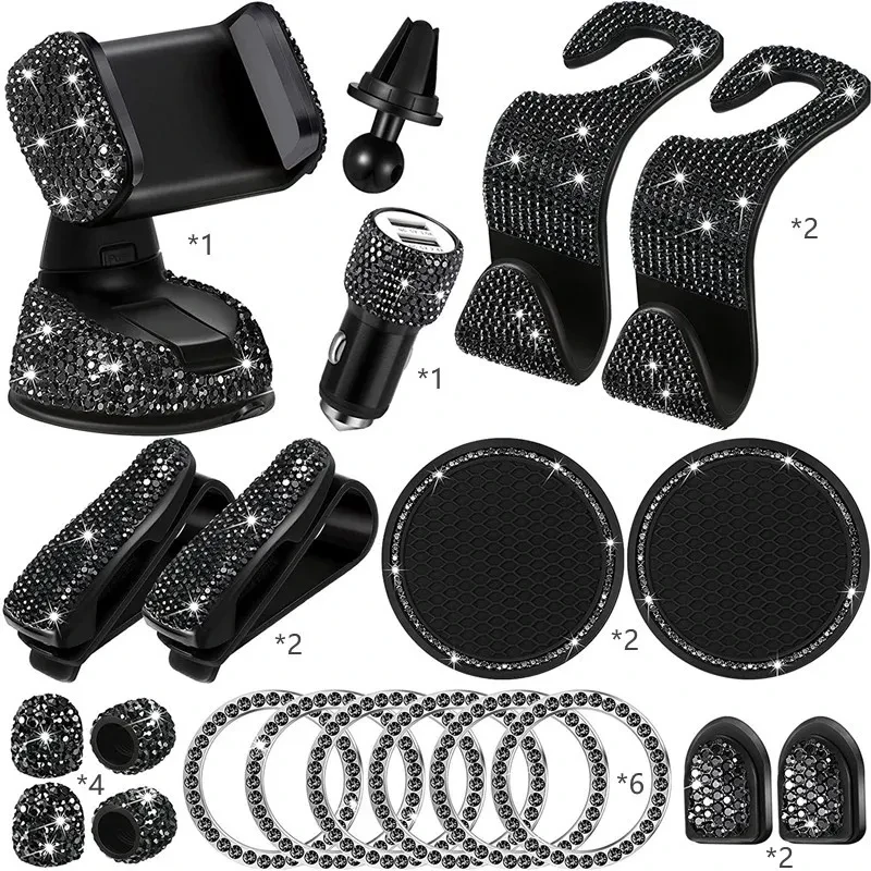 Tallew 20 Pcs Bling Car Accessories Set β Pink Rhinestone Interior Kit