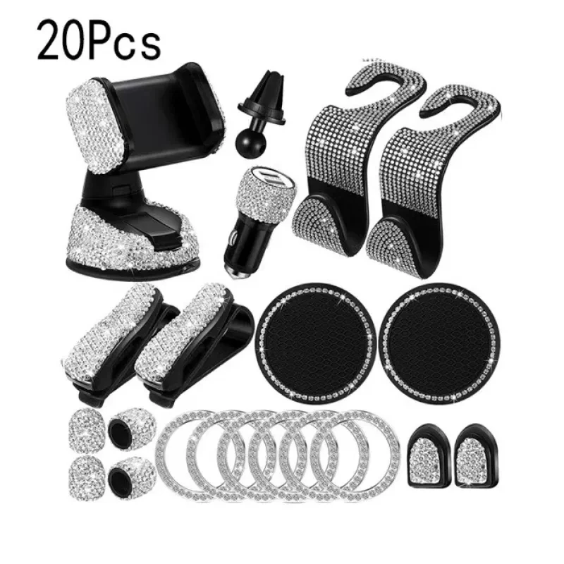 Tallew 20 Pcs Bling Car Accessories Set β Pink Rhinestone Interior Kit