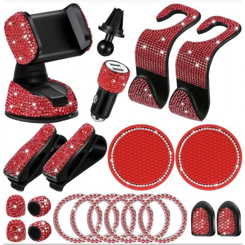 Tallew 20 Pcs Bling Car Accessories Set β Pink Rhinestone Interior Kit