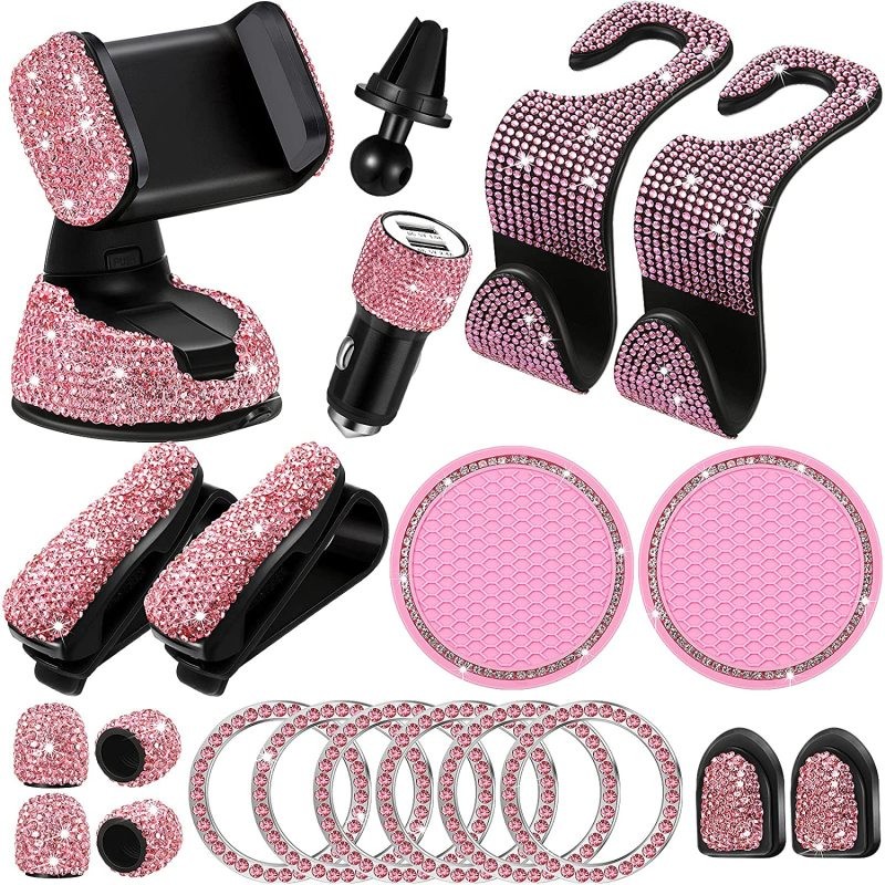 Tallew 20 Pcs Bling Car Accessories Set β Pink Rhinestone Interior Kit
