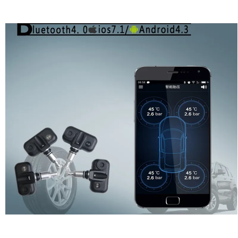 TPMS Bluetooth 5.0 Tire Pressure Monitoring System – 4 Sensors, Smart Alarm