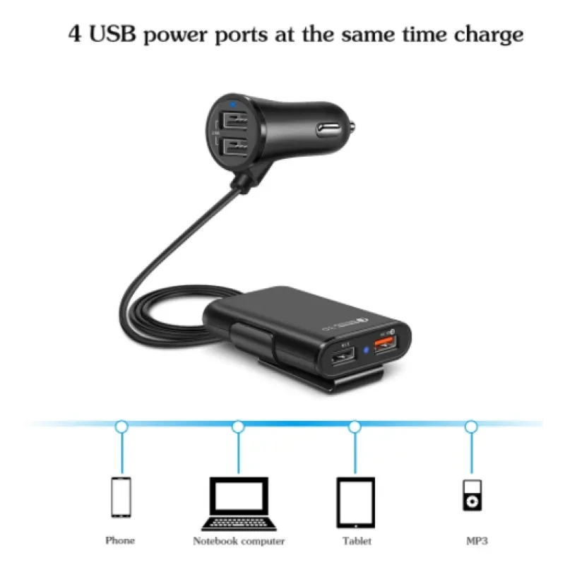 VAORLO 4-Port USB Car Charger 36W QC3.0 Fast Charging Hub